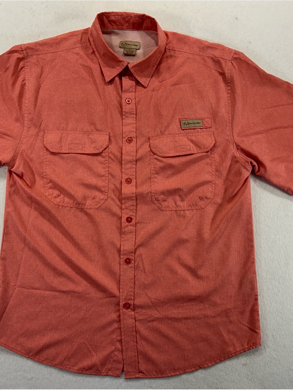 Realtree Button Up Shirt Men XL Orange Short Sleeve Salmon Relaxed Breathable